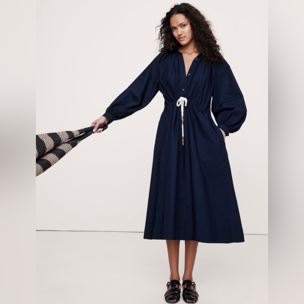 NWOT-Banana Republic Navy Cotton Poplin Midi Shirtdress, Size M/L